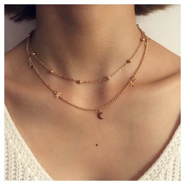 Allereya Vintage Layered Crescent Moon Necklace Moon Pendant Necklace Tiny Star Dangle Necklace Gold Boho Star Necklace Jewelry for Women and Girls