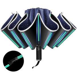 Automatic Open and Close Folding Reverse Umbrella 10 Ribs (3+2 Reinforced Ribs) Umbrella Knirps Large with Reflective Strips, Sun Protection, Portable for Travel, blue