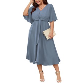 SCOMCHIC Women Plus Size Midi Dresses Wedding Guest Short Sleeve V Neck Tie Waist Casual Summer Flowy A Line Dress Grayish Blue
