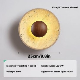 ZHUXMF Japanese Wabi-sabi Marble Wall Sconce Retro Round Wall Light Yellow Travertine Interior Wall Lamp 7W LED Warm Light 3000K Wall Lantern Wooden Decoration Living Room Bedside Wall Lights