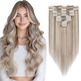 Elailite Clip in Human Hair Extensions Real Hair Double Weft Thick Remy Natural Hair Balayage - 8 Pieces Full Head Straight - #18Y/613 Ash Blonde Mix Bleach Blonde - 18 Inch (140 g)