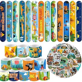 qhqqwzxqc 74PCS Camping Party Favors Camp Party with 24Pcs Camping Slap Bracelets, 50Pcs Outdoor Hiking Adventure Camping Stickers for Summer School Camping Adventure Gifts Camping Party Decorations