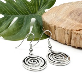 Spiral Swirl Earrings, Round Tibetan Silver Patterned Charm Beads on Nickel Free Silver Tone Hooks : 37mm long, Everyday Drop Earrings, Cute Jewellery Gift for Women