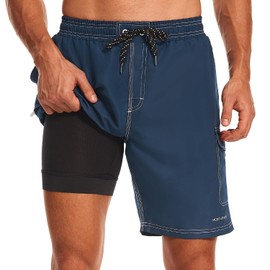 HODOSPORTS Mens Swim Trunks with Compression Liner 9 inch Bathing Suit Quick-Dry Swim Shorts Cargo Pockets S-4XL Navy XXL