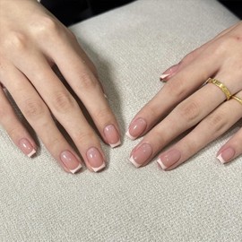 Square False Nails Short - Nude Pink Press on Nails - 30Pcs Fake nails with Glue - Stick on Nails French Tip - 12sizes Natural Young Color Glossy Full Cover Acrylic Nail for Women Girls Daily Wear