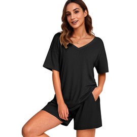 Ekouaer 2 Pack Womens Pajamas Set Summer Printed Pjs Short Sleeve Sleepwear V Neck Pj Shorts Set Loungewear Black/Black Floral L