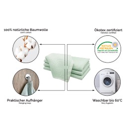ZOLLNER Set of 4 Waffle Pique Tea Towels Organic Cotton Approx. 50 x 70 cm Green