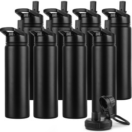 DOMICARE Insulated Water Bottle, 22 oz Vacuum Insulated Stainless Steel Reusable Sports Bottle with Straw Lid & Spout Lid for Travel, Camping, Bike, Leakproof, Black, 8 Pack