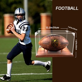 Football Display Case, Clear Acrylic Box with Wood Stand, Full Size Football Cases for Memorabilia & Signed Football, UV Protection, Dust Proof, Walnut