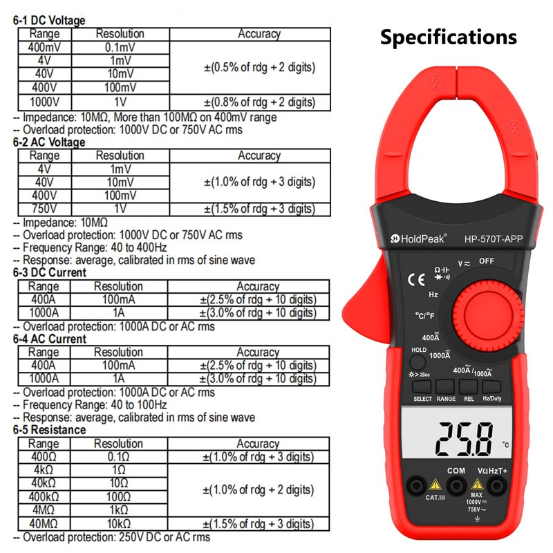 HOLDPEAK Handheld Clamp Meter with Bluetooth via APP, HP-570T-APP Digital