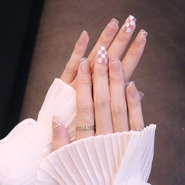 24 PCS Cool Girls Nail Tips, Checkered Pattern, Line Nail Fake Nails, For Photography, Weddings, Coming-of-age Ceremonies, Parties, After-parties, Etc. False Nails