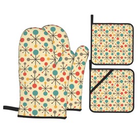 Retro Mid Century Fifties Modern Atomic Oven Mitts and Pot Holders Heat Resistant 4 Pcs Sets Waterproof Non-Slip for BBQ Cooking Baking Grilling
