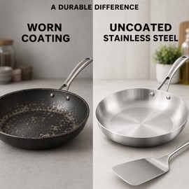 304 Stainless Steel Frying Pan, Uncoated 3-Layer Skillet for Gas and Induction Cooktops, 22/24/26/28 cm