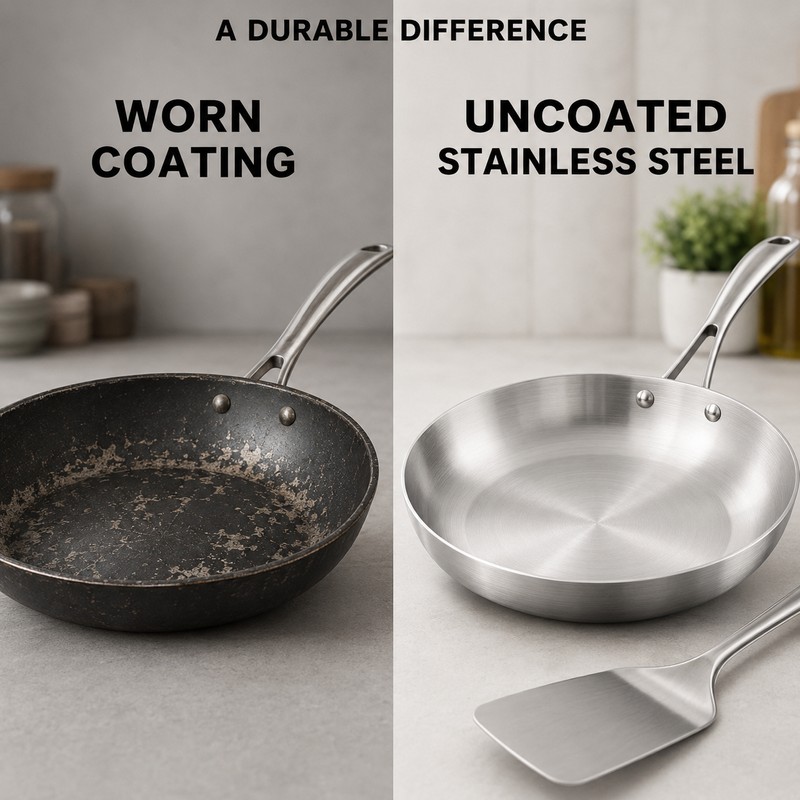 304 Stainless Steel Frying Pan, Uncoated 3-Layer Skillet for Gas
