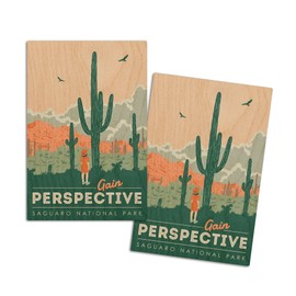 Saguaro National Park, Arizona, Gain Perspective, Vector Style (4x6 Birch Wood Postcards, 2-Pack Stationary, Rustic Home Wall Decor)