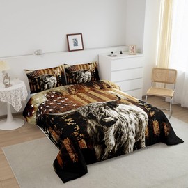 Feelyou Highland Cow Comforter Set for Boys Girls Highland Cattle Comforter Set King Size American Flag Animal Bedding Set Bedroom Decor Duvet Set Western Decor Quilt Set 3Pcs