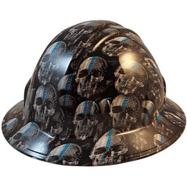 Hydrographic Full Brim Hard Hats with 6 Point Suspension - Thin Blue Line USA Flag and Skulls