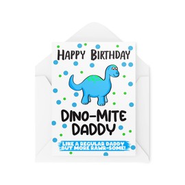 Tongue in Peach Funny Greeting Cards | Happy Birthday Dino-Mite Daddy | Birthday Dinosaur Dad Father of Children Old Funny Joke | CBH1217