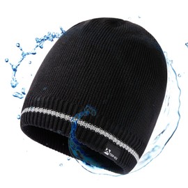 TOP-EX XL/XXL Waterproof Merino Beanie Hat Men Wool Winter Hat Women's Warm Fleece Knitted Hat Breathable Outdoor Ski Hat, tx94609_Black Reflective
