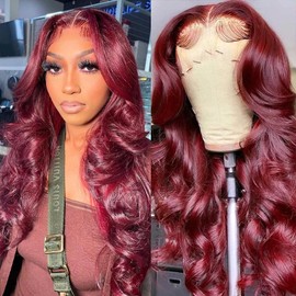 13x4 99j Body Wave Wig Burgundy Lace Front Wigs Human Hair 200% Density 30 Inch Hd Transparent Body Wave Frontal Wig Pre Plucked with Baby Hair Red Wine Wigs for Women