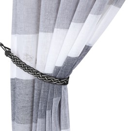 Home Queen Hand Braided Curtain Tie Back, Buckle Holdback Drapery Curtain Tiebacks, 4 Rope Belt Curtain Tie with 4 Metal Hooks, Black and Silver