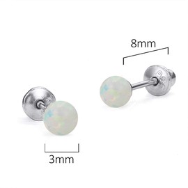 925 Sterling Silver Rhodium Plated 3mm Simulated Opal Screwback Baby Girls Earrings