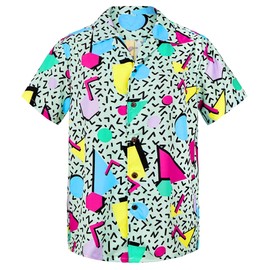 Zando 80s Hawaiian Shirt - Vintage Oversized Retro Casual Button-Down in Green-Tangram Large