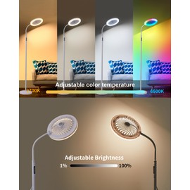 Floor Fan with RGB Lights and Remote, 3 Speeds Standing Floor Lamps with Button, White Vertical LED Fan, 3000K-6500K Stepless Dimming for Office Kid Room Bedroom, Adjustable Height