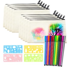 Taekooki Pack of 10 Canvas Pencil Case for Painting, DIY Blank Fabric Bag Zip, with 12 Coloured Pens and 4 Drawing Templates for Crafts, Children's Birthday Cosmetic Bag