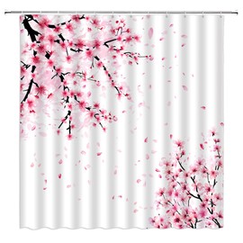 Cherry Blossom Shower Curtain Pink Flower Pulm Watercolor Floral Japanese Asian Plant Nature Scenic Bathroom Home Curtain with Hooks,70" Wx70 H