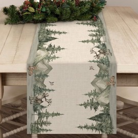 Seliem Winter Forest Reindeer Pine Tree Table Runner, Christmas Elk Watercolor Sparrow Home Kitchen Decor, Woodland Xmas Seasonal Farmhouse Burlap Dining Decoration Holiday Party Supply 13 x 72