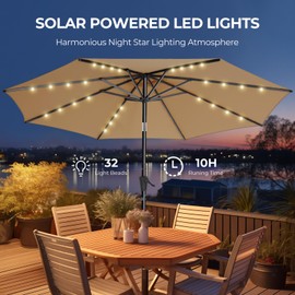 HOMSHADE 9ft Solar Patio Umbrella - Solar Lights LED Lighted Outdoor Market Table Umbrella, UPF50+ UV Protection with Push Button Tilt, Crank for Pool Deck and Garden (Beige)