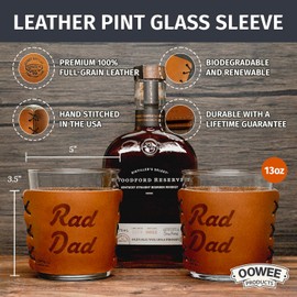 Oowee Genuine Leather Sleeve & Highball Glasses - Set of 2 | 13oz Tom Collins & High Ball Glasses Set| Great Gift for Men - Sleeve Made in the USA - Rad Dad