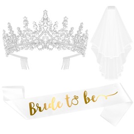 Exacoo Bride to Be Tiara&Sash&Veil Set for Bride Bachelorette Party Decorations Bridal Shower Accessories Gifts Includes Crystal Silver Crown Wedding Veil with Comb and Satin Bridal Sash