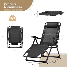Athena Collection Zero Gravity Outdoor Lounge Chair Recliner, 27" Width Reclining Pool Lounge Lawn Chairs with Headrest and Curved Armrest, Outdoor Chaise for Beach Patio Backyard Outside, Black