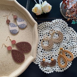 LANTAI 16 Pairs Vintage Boho Earrings for Women Geometric Wooden Drop Earrings-Acrylic Rattan Statement Earrings for Summer Beach Vacation Tassel Earrings