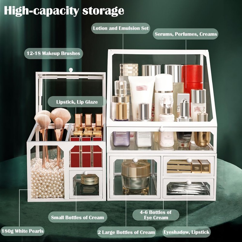 Haoh Glass Makeup Organizer Multi-Functional with Pearl Makeup Organizer with