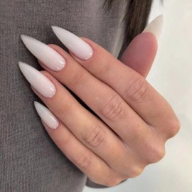 MISUD Press on Nails - Long Stiletto Glue on Nails with White, Acrylic Solid Color Design 24 pcs