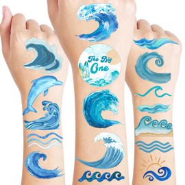 100PCS Ocean Wave Temporary Tattoos – Surf Beach Summer Theme Tattoo Stickers, The Big One 1st Birthday Party Decorations, Fun Party Favors, Gifts for Kids Boys Girls