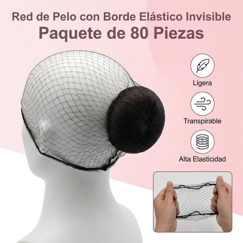 Red para Cabello, 80 Pzs Malla Elástica Invisible para Mujeres