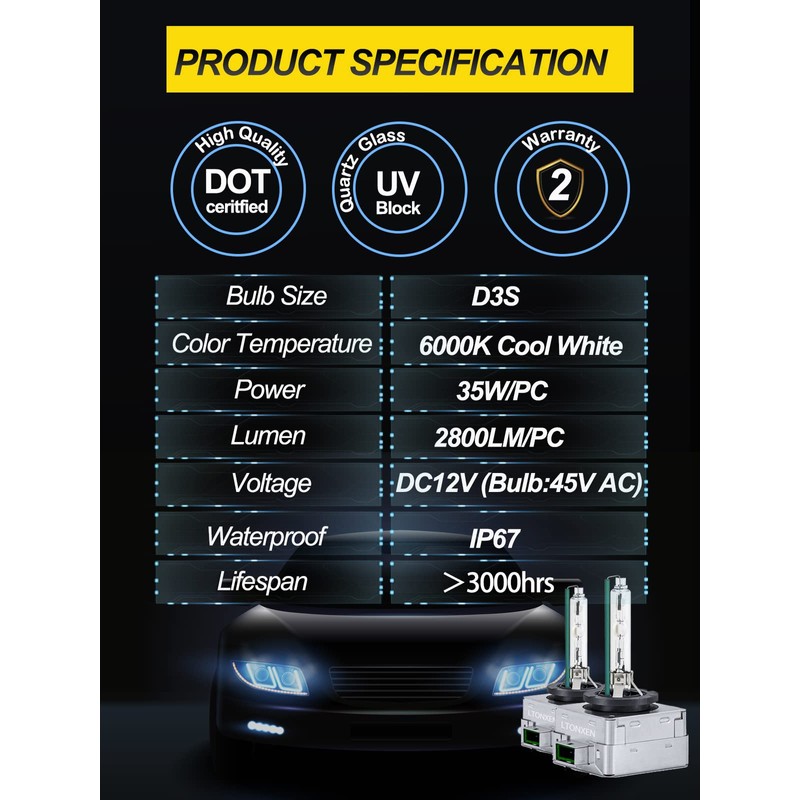 LTONXEN D3S HID Headlight Bulbs, 6000K Diamond White Xenon HID