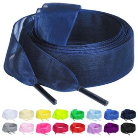 Booyckiy 2 Pair Flat Snow Yarn Shoe laces for Sneaker 2cm Wide Satin Ribbon ShoeLaces for Women Girls, Navy Blue 47inch(120cm)