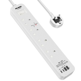 SE UKASE Extension Lead Power Strip Tower, 4 Way Socket 1200 Surge Protection with 2M /6.56FT Long Extension Cord Multi Plug 2990W Safety Shutter for TV PC Laptops Tablets
