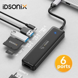 IDsonix 6 in 1 USB Docking Station Type C HUB HDMI-4K@30Hz USB3.0 PD 60W Charge Adapter