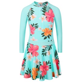 BAOHULU Traje de baño de una pieza UPF 50+ con falda floral modesto vestido de natación de playa de 3 a 11 años, Conjunto de cianflower con mangas, 5 Años