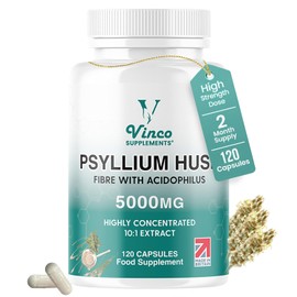 Vinco Fibre Supplement 5000mg Psyllium Husk with Acidophilus - High Strength Natural Soluble Fiber from Plantago Ovata Seeds for Digestive Health and Gut Support - 120 Psyllium Husks Capsules