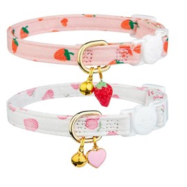 2-Piece Cotton Detachable cat Collar Pink Strawberry White Heart Pendant Cute Kitten with Bell cat Collar Suitable for Boys and Girls.