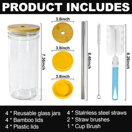 CHLJAR 4 Pack Glass Cups Set, 24oz Mason Jar Wide Mouth Drinking Glasses Smoothie Cups with Bamboo Lids & Straws Iced Coffee Cup Reusable Travel Tumbler for Bubble Tea, Beer, 2 Lids for Each Cups