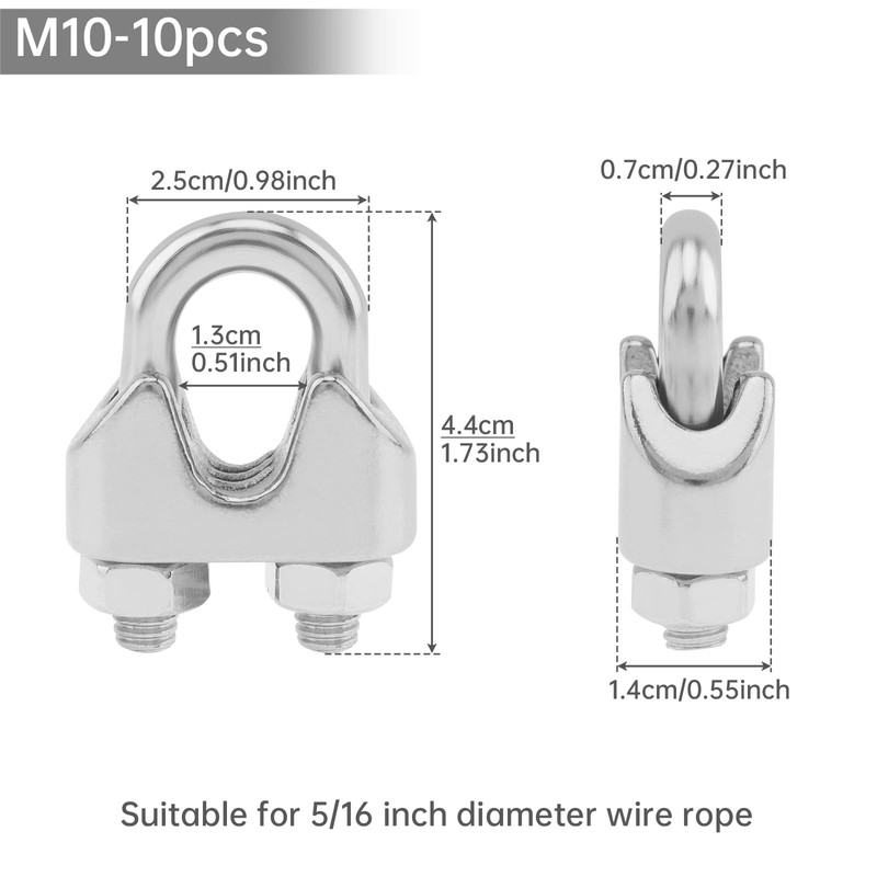 3/8" Wire Rope Clamp,10 pcs Cable Clamps 304 Stainless Steel