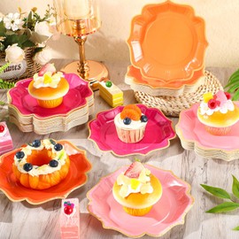 Potchen 96 Pcs Pink and Orange Dessert Plates 7 Inch Scalloped Disposable Party Paper Plate for Summer Wedding Birthday Baby Shower Party Supplies, 4 Colors